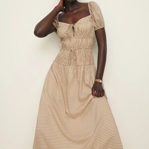 Reformation Rhett Dress In Tan Check, brand new with tags